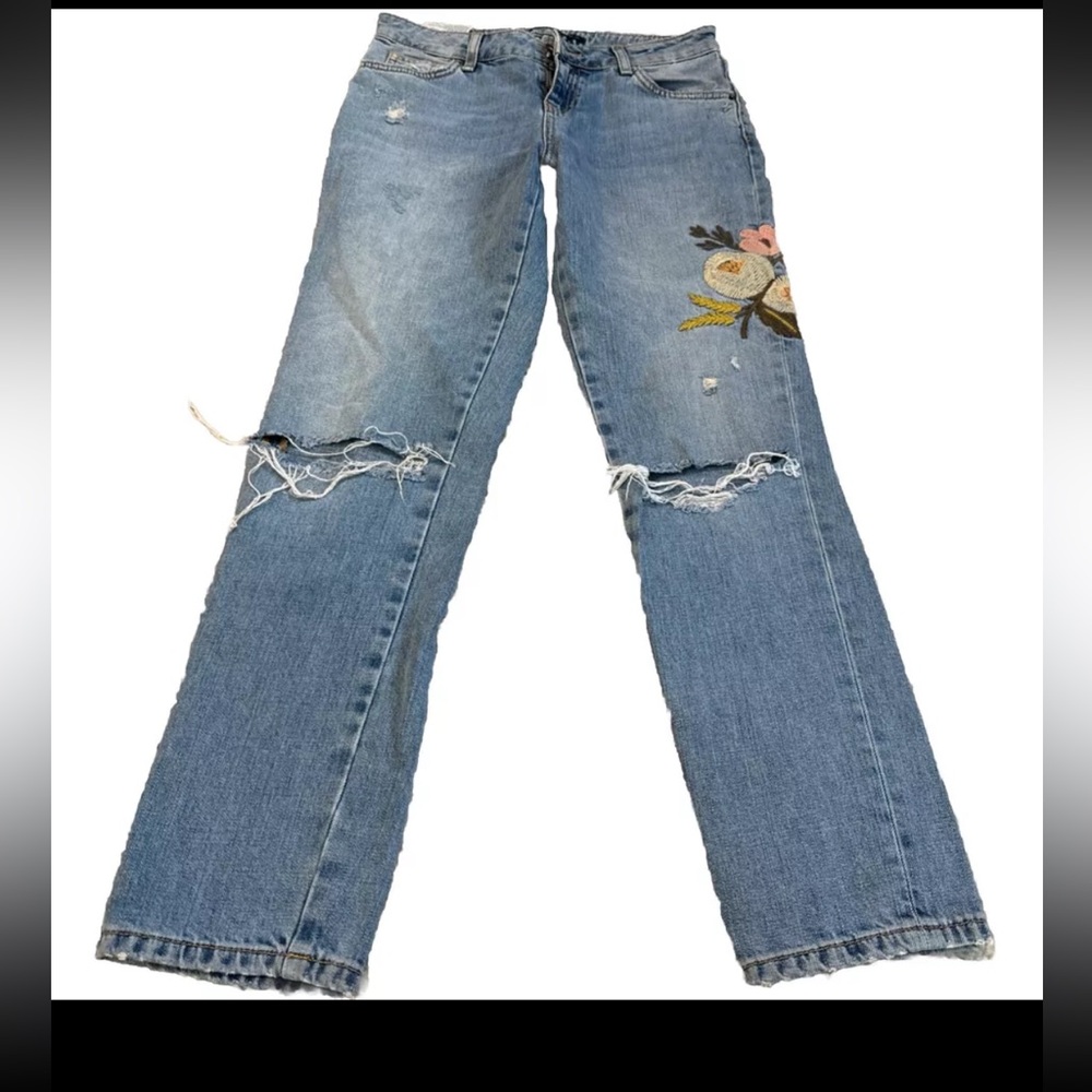 Zara Basic Denim Floral Embroidered Jeans Women’s Distress Wash Z1975 Size 00